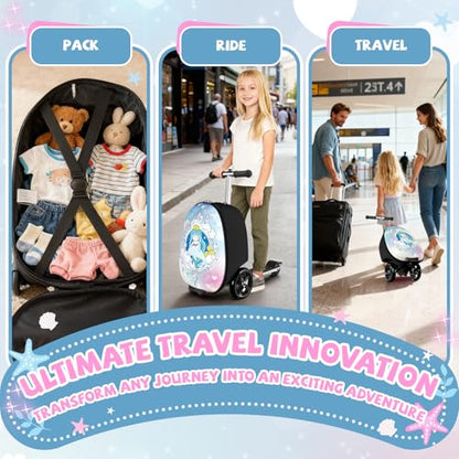 Baotree Scooter Suitcase for Kids, 2 in 1 Ride-on Luggage with Flash PU Wheels, Adjustable Handle & TPR Non-Slip Grip, Foldable & Lightweight, Ages 5-12 - color: Light Blue