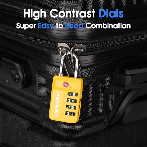 SURE LOCK TSA Approved 4-Digit Resettable Combination Luggage Lock with Open Alert, Easy-Read Dials - for Luggage, School Lockers, Gym, Office, Toolbox & Security Cases(Yellow 1PACK) - color: Yellow