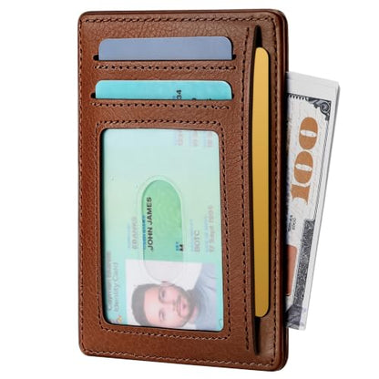 Genuine Leather Mens Wallet Slim RFID Blocking Credit Card Holder - color: VegTan BrickBrown