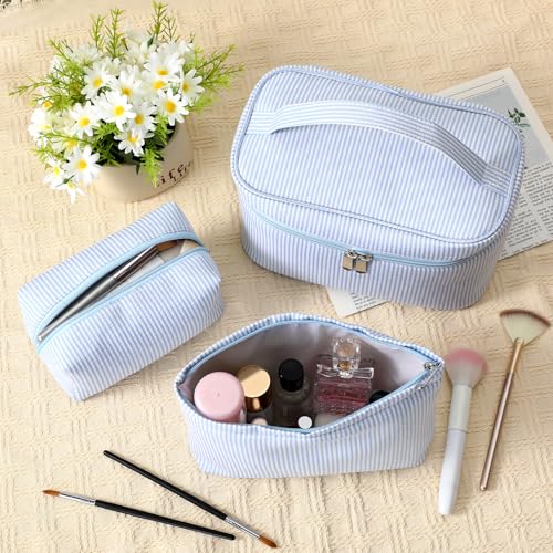 Huhumy 3Pieces Cute Seersucker Makeup Bag Set for Women, Light Blue, Stripe - color: Light Blue, style: Stripe