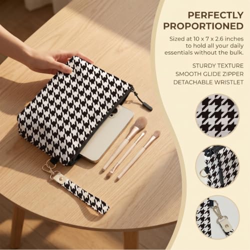 Fokongna Makeup Bag with Keychain Wristlet, Classic Houndstooth - color: Classic Houndstooth