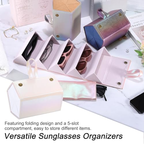 PATIKIL Travel Sunglasses Organizer, 5 Slot Foldable Sunglasses Holder Leather Sunglass Storage Organizer with Pouch - color: White