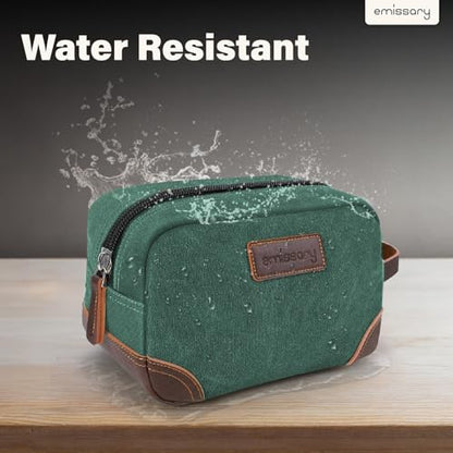 emissary Men's Canvas Travel Toiletry Bag, Leather Dopp Kit - Green - color: Green
