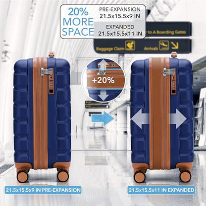 Flight Knight 21.5x15.5x9 Expandable Carry On Suitcase Hardside TSA Lock & USB C Port Lightweight Luggage Silent Double Spinner Wheels Maximum Canada Air Overhead Bag Airlines Approved Navy/Tan - color: Navy/Tan, size: 21.5x15.5x9"