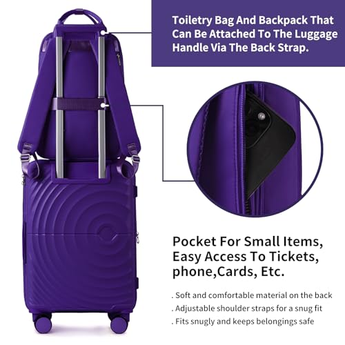 LARVENDER Expandable Carry On 3 Piece Luggage Set with Backpack 20 Inch - color: Grape Purple, style: 3 Piece Sets