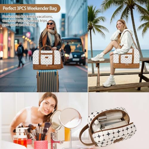 3PCS Weekender Bags for Women Large Overnight Bag, Brown Argyle - color: Brown Argyle
