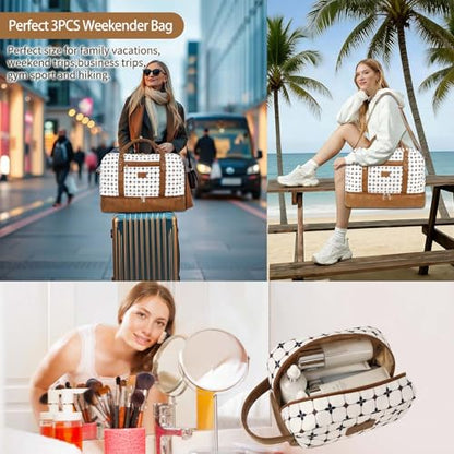 3PCS Weekender Bags for Women Large Overnight Bag, Brown Argyle - color: Brown Argyle