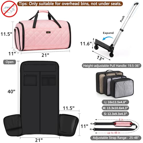 Rolling Garment Bag for Travel, 50L Duffle Bag with Shoe Compartment, 4pcs - color: Pink