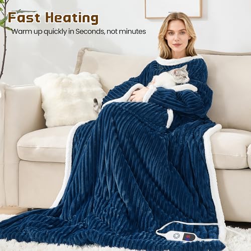 Wearable Heated Blanket with Sleeves& Foot Pocket Electric Robe, Navy - color: Navy Blue