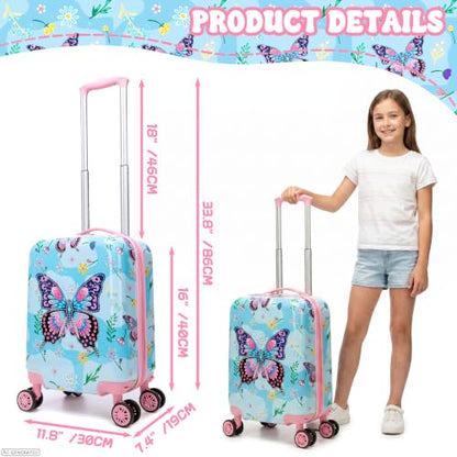 Kid's Hardshell Luggage Sets 4 Piece Rolling Suitcases with Wheels for Girls Women 16" Carry on Luggage Toddler Travel Suitcase Set - color: Pink Butterfly