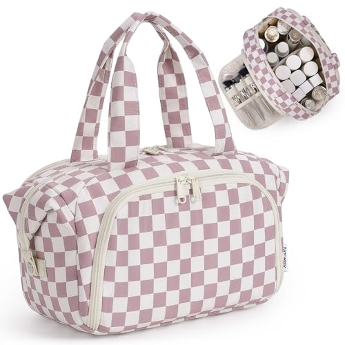 Narwey Travel Toiletry Bag for Women, Large Makeup Cosmetic Organizer Bag - color: Dusty Pink Checkerboard