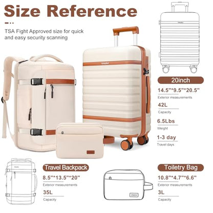 20" Carry On Luggage Set 3 Piece With Travel Backpack, YKK Zippers - color: Beige, size: 3 Piece Set (20inch)
