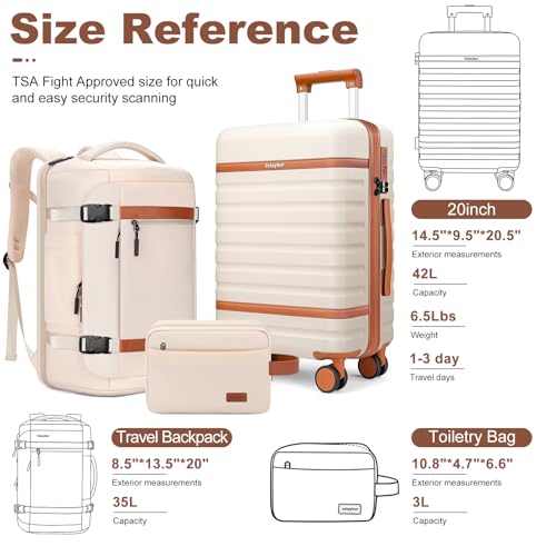 20" Carry On Luggage Set 3 Piece With Travel Backpack, YKK Zippers - color: Beige, size: 3 Piece Set (20inch)