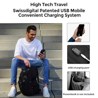Swissdigital 비즈니스 여행 노트북 백팩 - 남성 및 여성용 스마트 USB 충전 포트 포함, 15.6인치 노트북에 적합, 블루, 블랙., 표준, 모던. - color: 블랙.