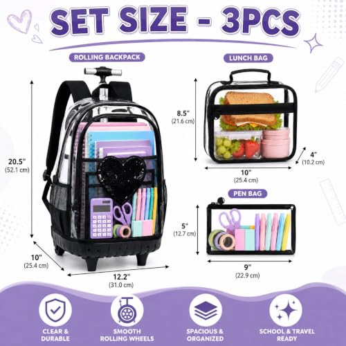 AGSDON Chic Sequin Rolling Clear Backpack Set – 20" Transparent Wheeled Bookbag with Large Front Pocket for School, Daily Commute & Leisure | Black Fashion-Forward Organizer - color: Love Sequin Rolling Backpack Black