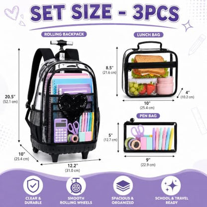 AGSDON Chic Sequin Rolling Clear Backpack Set – 20" Transparent Wheeled Bookbag with Large Front Pocket for School, Daily Commute & Leisure | Black Fashion-Forward Organizer - color: Love Sequin Rolling Backpack Black