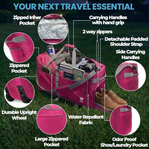 Bago Rolling Duffle Bag with Wheels - 30" 100L Foldable Weekender Bag, Waterproof Travel Duffel Bag, Heavy Duty Lightweight Duffle Bag for Traveling, Rolling Duffel Bag with Wheels (Pink2023) - color: Pink, size: 100L