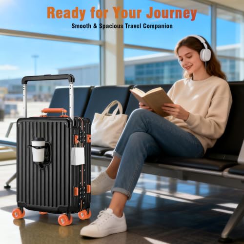 Xtaeptos 20 Inch Wide Handle Carry on Luggage with Double Spinner Wheels - color: Black + Orange