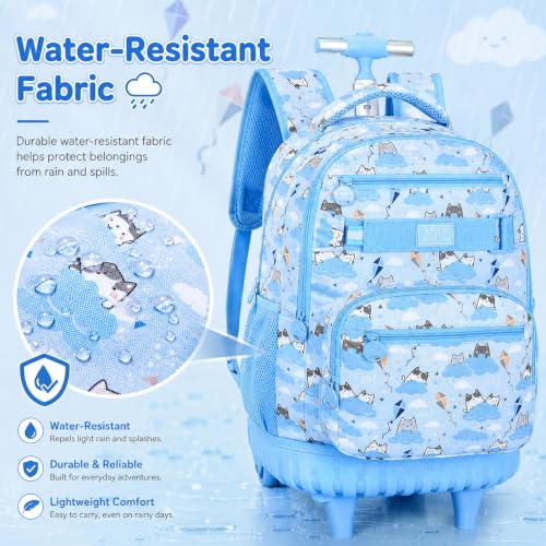 KLFVB Rolling Backpack for Girls and Womens, 3PCS Roller Bookbag with Lunch Bag for Kids, Wheeled School Bag for Children - Blue Cloud Cat - color: Blue Cloud Cat