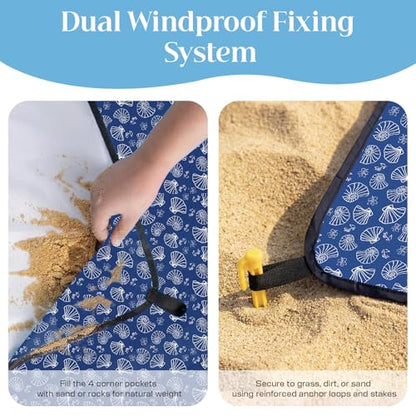 OIGAE Beach Blanket Waterproof Sandproof Oversized Beach Mat - color: Blue Sea Shells, size: 7x8 Ft (2～5 person)