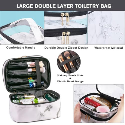 FITINI Makeup Bags Double Layer Travel Storage Cosmetic Cases Make up Organizer Toiletry Bags Water-resistant for Women Makeup Brush Bag,White Marble - color: White Marble