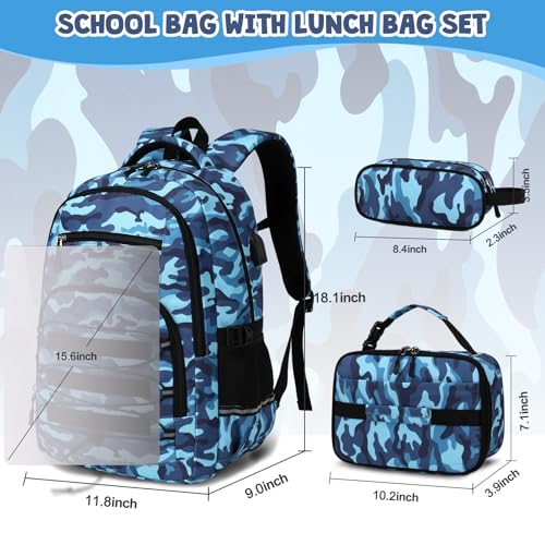 ACESAK 3PCS Camo Backpack for Boys with Lunch Box Pencil Case - color: Camo Blue