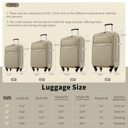 Merax Softside Luggage Set 4 Piece,18/22/26/30 Expand Suitcase,Khaki - color: Khaki, size: 18/22/26/30