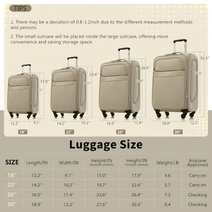 Merax Softside Luggage Set 4 Piece,18/22/26/30 Expand Suitcase,Khaki - color: Khaki, size: 18/22/26/30
