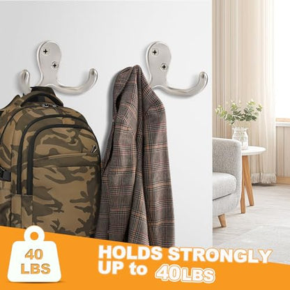 20 Pack Coat Hooks Wall Hooks for Hanging, Heavy Duty Double Prong Metal Hook Wall Mounted for Living Room, Bathroom, Kitchen, Bedroom for Coat, Bag, Scarf, Towel, Hat, Key, Cup (Silver) - color: Silver-20pack