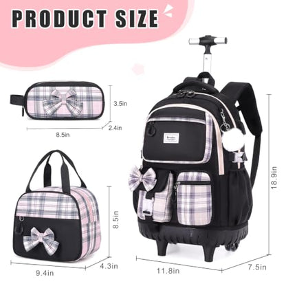 Bevalsa Rolling Backpack for Girls, Roller Backpack with Wheels - color: Black Pink