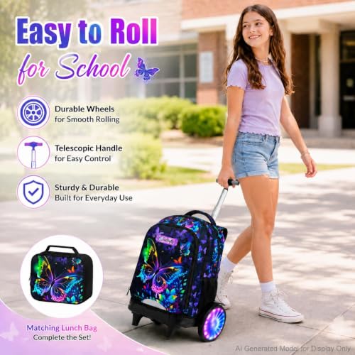 3Pcs Rolling Backpack for Girls with Light Up Wheels, Detachable Large Wheels, Kids Butterfly Wheeled Backpack Set for Elementary School Travel (Black) - color: Butterfly Black