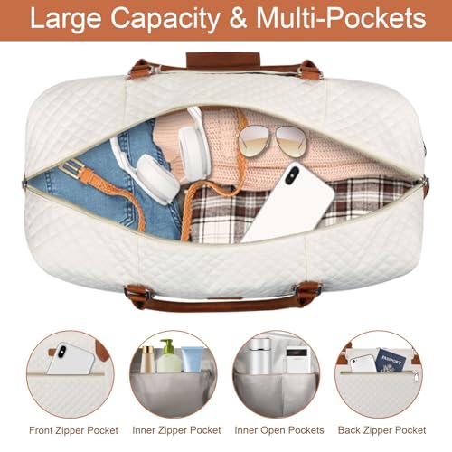 ITIEZY Weekender Bag for Women 21.5" Travel Duffel Large Carry On Bag 3PCS - color: 2-Beige