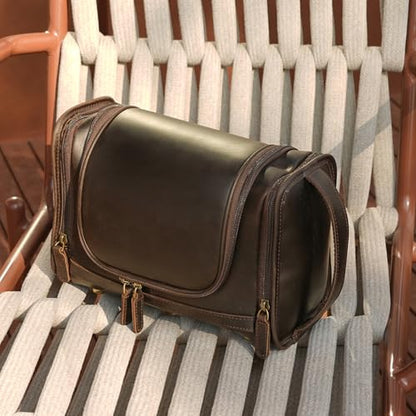 Polare Full Grain Leather Toiletry Bag Travel Dopp Kit Makeup Cosmetic Organizer Shaving Kit Wash Case with Hanging Hook - color: A-Dark Brown