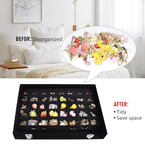 Vicoter 48 Grid Velvet Jewelry Tray Clear Lid Rings Earrings - color: Black, size: 48 Grid