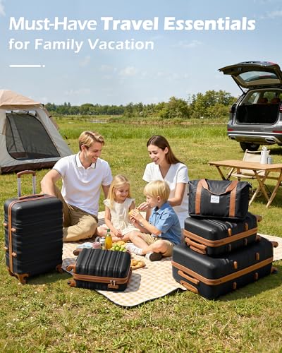 LONG VACATION Luggage Sets, 6 Piece, Hardshell Suitcase with Spinner Wheels - color: BLACK-BROWN, size: 6-Piece Set