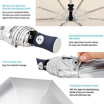 FDJASGY Silver Coating Layer Fabric Blocking UV 99.9% Sun Umbrella Compact Folding Travel Umbrella Automatic Folding Windproof Umbrellas For Men and Women (Beige) - color: Beige