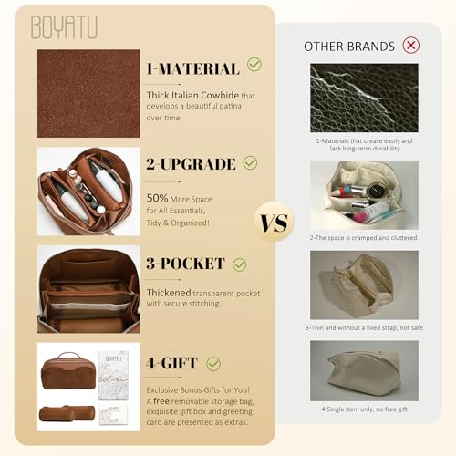 BOYATU Genuine Leather Travel Makeup Bag: Hand-made 3 Pcs Set Cosmetic Bags - color: 06Caramel