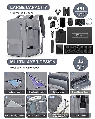 WONHOX Large Travel Laptop Backpack Expandable Flight Approved Backpack Carry on Backpack for Women Men Waterproof 17inch Laptop Daypack Hiking Work Backpack with Shoe Compartment Grey - color: A9-grey