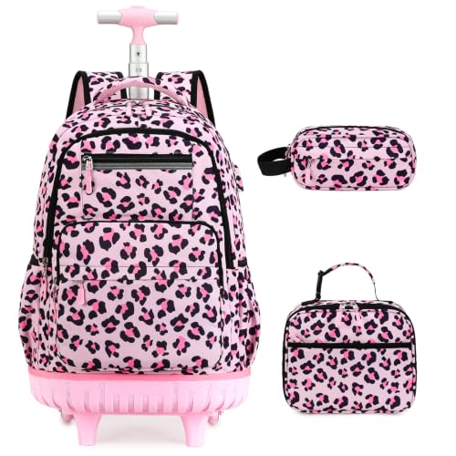 ACESAK Rolling Backpack for Girls with Lunch Bag & Pencil Pouch - color: Pink Leopard