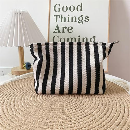 HAPPYHEIDI Aesthetic Makeup Bag Travel Cosmetic Pouch, Striped, Large - color: Black White Striped, size: Large