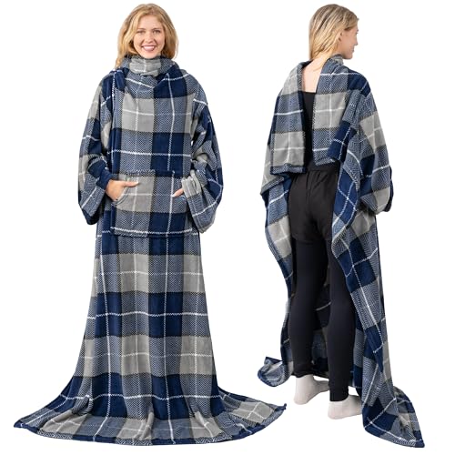 PAVILIA Blanket with Sleeves for Adult Women Men, Soft Warm Wearable Blanket Fleece Wrap Throw, Robe Blanket Gift - color: Plaid Navy