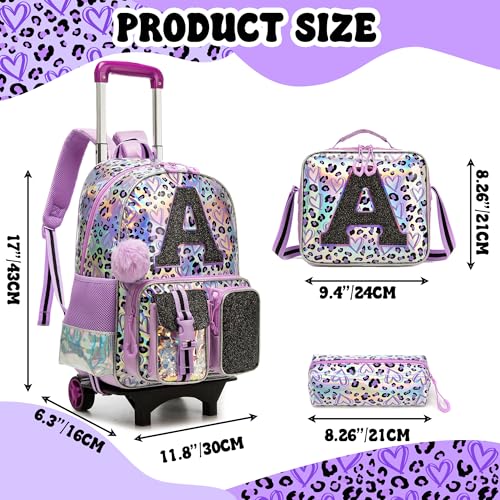 Meetbelify 3 in 1 Backpack with Wheels for Girls Rolling Letter Backpack Cute Carry on Backpack Kids Luggage with Lunch Box Pencil Case for Elementary Student - color: Purple Leapoard