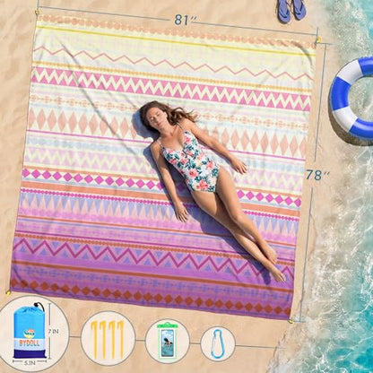 Beach Blanket Waterproof Sandproof 78''X81''/78''X110'' Large Beach Towel - color: Pink Boho, size: 78''X81"