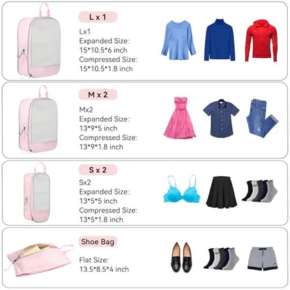 Voova Compression Packing Cubes for Travel, 6 Piece Set, Pink - color: Pink