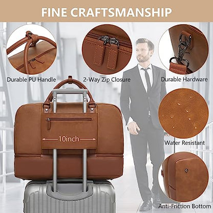 4-in-1 Waterproof Faux Leather Overnight Travel Bag for Women Men - color: Light Brown