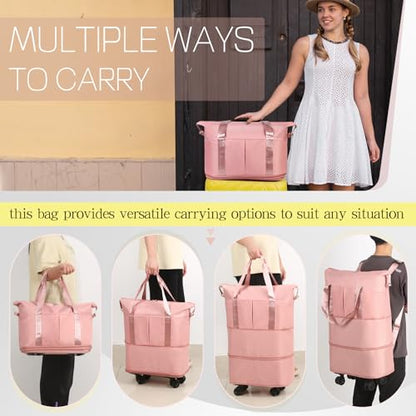 Duffel Bag with Wheels - Rolling Foldable Expandable Duffle bags for Travel, Rolling Under Seat Luggage Carry On Travel Bag, Large Wheeled Overnight Weekender Bag (Pink) - color: Pink