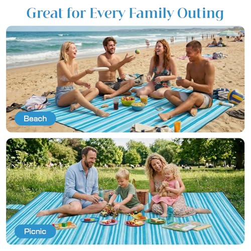 OIGAE Beach Blanket Waterproof Sandproof Oversized Beach Mat - color: Blue Wave Stripes, size: 7x8 Ft (2～5 person)