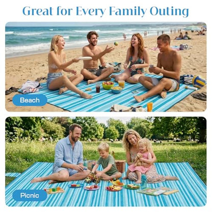 OIGAE Beach Blanket Waterproof Sandproof Oversized Beach Mat - color: Blue Wave Stripes, size: 7x8 Ft (2～5 person)