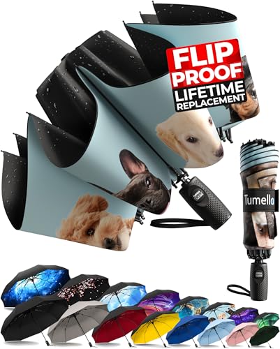 TUMELLA Reverse Folding Windproof Umbrella, Large 46", Strong & Light - color: L. Puppies