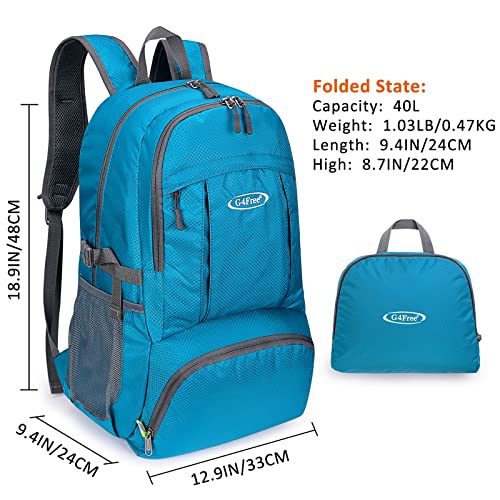 G4Free 40L Lightweight Packable Hiking Backpack, Waterproof Travel Daypack - color: Light Blue